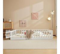 Lit d'enfant FCH avec barrière de sécurité et sommier à lattes, 90 x 190 cm, lit au sol Montessori avec sortie latérale, lit simple pour chambre d'adolescent, blanc