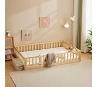 Lit d'enfant FCH avec barrière de sécurité et sommier à lattes, 90 x 200 cm, lit au sol de style Montessori avec sortie latérale, lit simple pour chambre d'adolescent, finition naturelle