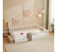 Lit d'enfant FCH avec barrière de sécurité et sommier à lattes, 90 x 200 cm, lit au sol Montessori avec sortie latérale, lit simple pour chambre d'adolescent, blanc