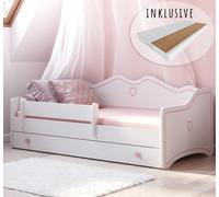 Lit d'enfant fille Lit d'adolescent 80x160 avec matelas antichute & tiroir | Princesse Enfants Canapé Lit transformable rose blanc
