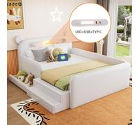 Lit d'enfant Flieks 140 x 200 cm avec veilleuse et port USB, lit rembourré en forme d'ours, lit double ludique avec escalier et tiroir, simili cuir, blanc