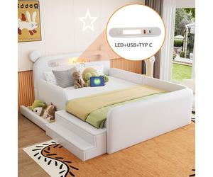 Lit d'enfant Flieks 140 x 200 cm avec veilleuse et port USB, lit rembourré en forme d'ours, lit double ludique avec escalier et tiroir, simili cuir, blanc