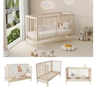 Lit d'enfant Flieks 60 x 120 cm avec support pour planche à dessin / bureau, lit d'appoint pour bébé avec barrière de sécurité et sommier à lattes, aspect naturel