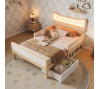 Lit d'enfant Flieks 90 x 190 cm avec sommier à lattes et barrière de sécurité, lit en bois pour adolescent, lit simple avec tiroir et compartiment de rangement, aspect naturel