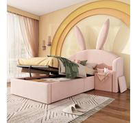 Lit d'enfant Flieks 90 x 190 cm avec table de chevet, lit rembourré avec tête de lit en forme d'oreilles de lapin, lit simple hydraulique pour enfant avec espace de rangement, velours, rose