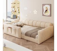 Lit d'enfant Flieks 90 x 200 cm avec barrière de sécurité et poches latérales, canapé-lit simple avec dossier et accoudoirs, lit d'appoint en velours, beige
