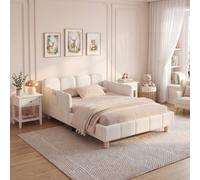 Lit d'enfant Flieks 90 x 200 cm avec barrière de sécurité, lit rembourré à accoudoirs réglables, lit simple en bois avec pieds en bois, velours, beige