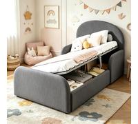 Lit d'enfant Flieks 90 x 200 cm avec barrière de sécurité, lit rembourré à système hydraulique avec espace de rangement, lit simple sur socle avec sommier à lattes, lit avec espace de rangement, velou