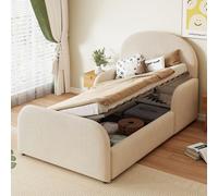 Lit d'enfant Flieks 90 x 200 cm avec barrière de sécurité, lit rembourré à système hydraulique avec rangement, lit simple sur socle avec sommier à lattes, lit avec rangement, velours, beige