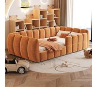 Lit d'enfant Flieks 90 x 200 cm avec barrière de sécurité, lit rembourré simple avec sommier à lattes, lit de jour pour chambre d'enfant ou d'adolescent, velours, orange