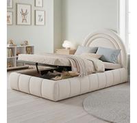 Lit d'enfant Flieks 90 x 200 cm avec rangement, lit rembourré à sommier à lattes à réglage hydraulique, lit simple pour adolescent avec tête de lit rembourrée, velours, beige