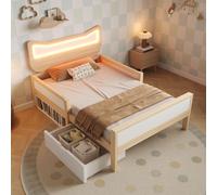 Lit d'enfant Flieks 90 x 200 cm avec sommier à lattes et barrière de sécurité, lit en bois pour adolescent, lit simple avec tiroir et compartiment de rangement, aspect naturel