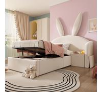 Lit d'enfant Flieks 90 x 200 cm avec table de chevet, lit rembourré avec tête de lit en forme d'oreilles de lapin, lit simple hydraulique pour enfant avec espace de rangement, velours, beige