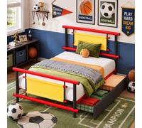 Lit d'enfant Flieks 90 x 200 cm avec tiroirs, lit à rangement, lit en métal avec sommier à lattes, lit pour adolescent, lit simple avec tête de lit, rouge