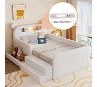 Lit d'enfant Flieks 90 x 200 cm avec veilleuse et port USB, lit rembourré en forme d'ours, lit ludique simple avec escalier et tiroir, simili cuir, blanc