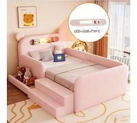 Lit d'enfant Flieks 90 x 200 cm avec veilleuse et port USB, lit rembourré en forme d'ours, lit ludique simple avec escalier et tiroir, simili cuir, rose