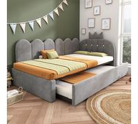 Lit d'enfant Flieks avec canapé-lit 90 x 200 cm et lit gigogne 90 x 190 cm, lit rembourré pour enfant avec tête de lit en forme de couronne, lit de jour en velours, gris