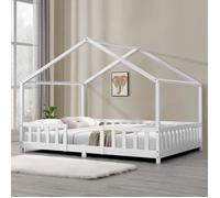 Lit d'Enfant Forme Maison avec Grille de Protection Treviolo 200 x 120 cm Blanc Mat Laqué [en.casa]