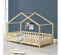 Lit d'Enfant Forme Maison avec Grille de Protection Treviolo 200 x 90 cm Bois naturel
