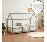 Lit d'enfant 'Sisimiut' à l'aspect de maison avec matelas et protection contre les chutes Bois de pin 90 x 200 cm Gris clair / Blanc