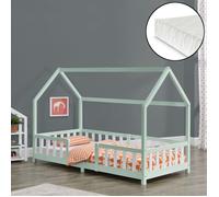 Lit d'enfant 'Sisimiut' à l'aspect de maison avec matelas et protection contre les chutes Bois de pin 90 x 200 cm menthe / blanc