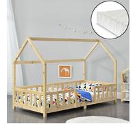 Lit d'enfant 'Sisimiut' à l'aspect de maison avec matelas et protection contre les chutes Bois de pin 90 x 200 cm Couleurs du bois