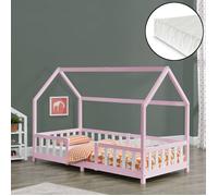 Lit d'enfant Forme Maison Sisimiut avec Matelas à Mousse à Froid 200 x 90 cm Rose Blanc