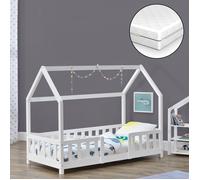 Lit d'enfant 'Sisimiut' à l'aspect de maison avec matelas et protection contre les chutes Pin 70 x 140 cm Blanc