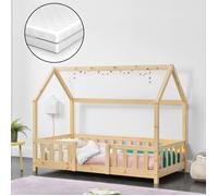Lit d'enfant 'Sisimiut' à l'aspect de maison avec matelas et protection contre les chutes Bois de pin 80 x 160 cm Couleurs du bois