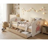 Lit d'enfant « Happy » 140 x 70 cm avec tiroir et barrière de sécurité | Lit junior aspect bois poirier | Lit d'enfant robuste, lit junior
