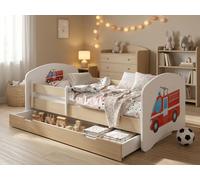 Lit d'enfant « Happy » 140 x 70 cm avec tiroir et barrière de sécurité | Lit junior aspect bois poirier | Lit d'enfant robuste, camion de pompiers