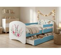 Lit d'enfant Happy Babies avec barrière de sécurité pour garçon, 140 x 70 cm, pour chambre d'enfant, avec tiroir, matelas pour lit simple d'enfant, bleu, autocollants colorés