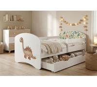Lit d'enfant Happy Babies avec barrière de sécurité pour garçon, 140 x 70 cm, pour chambre d'enfant, avec tiroir, matelas, lit simple pour enfant, blanc, dinosaures