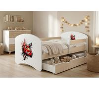 Lit d'enfant Happy Babies avec barrière de sécurité pour garçon, 140 x 70 cm, pour chambre d'enfant, avec tiroir, matelas pour lit simple d'enfant, motif poire, voiture | Voitures | Cars