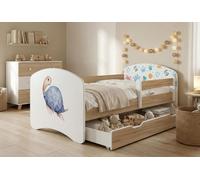 Lit d'enfant Happy Babies avec barrière de sécurité pour garçon, 140 x 70 cm, pour chambre d'enfant, avec tiroir, matelas pour lit simple d'enfant, doré, autocollants colorés