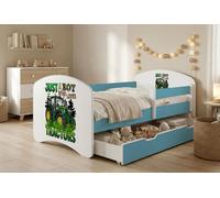 Lit d'enfant Happy Babies avec barrière de sécurité pour garçon, 140 x 70 cm, pour chambre d'enfant, avec tiroir, matelas, lit simple pour enfant, bleu, tracteur