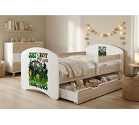 Lit d'enfant Happy Babies avec barrière de sécurité pour garçon, 140 x 70 cm, pour chambre d'enfant, avec tiroir, matelas, lit simple pour enfant, chêne Sonoma, tracteur