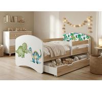 Lit d'enfant Happy Babies avec barrière de sécurité pour garçon, 140 x 70 cm, pour chambre d'enfant, avec tiroir, matelas pour lit simple d'enfant, doré, autocollants colorés