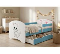 Lit d'enfant Happy Babies avec barrière de sécurité pour garçon, 140 x 70 cm, pour chambre d'enfant, avec tiroir, matelas pour lit simple d'enfant, bleu, autocollants colorés