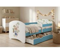 Lit d'enfant Happy Babies avec barrière de sécurité pour garçon, 140 x 70 cm, pour chambre d'enfant, avec tiroir, matelas pour lit simple d'enfant, bleu, autocollants colorés