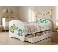 Lit d'enfant Happy Babies avec barrière de sécurité pour garçon, 140 x 70 cm, pour chambre d'enfant, avec tiroir, matelas, lit simple pour enfant, blanc, dinosaures