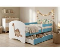Lit d'enfant Happy Babies avec barrière de sécurité pour garçon, 140 x 70 cm, pour chambre d'enfant, avec tiroir, matelas pour lit simple d'enfant, bleu, autocollants colorés