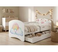 Lit d'enfant Happy Babies avec barrière de sécurité pour garçon, 140 x 70 cm, pour chambre d'enfant, avec tiroir, matelas pour lit simple d'enfant, blanc, autocollants colorés