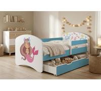 Lit d'enfant Happy Babies avec barrière de sécurité pour garçon, 140 x 70 cm, pour chambre d'enfant, avec tiroir, matelas pour lit simple d'enfant, bleu, autocollants colorés