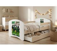 Lit d'enfant Happy Babies avec barrière de sécurité pour garçon, 140 x 70 cm, pour chambre d'enfant, avec tiroir, matelas pour lit simple d'enfant, poirier clair, tracteur
