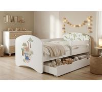 Lit d'enfant Happy Babies avec barrière de sécurité pour garçon, 140 x 70 cm, pour chambre d'enfant, avec tiroir, matelas, lit simple pour enfant, blanc, dinosaures