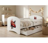 Lit d'enfant Happy Babies avec barrière de sécurité pour garçon, 140 x 70 cm, pour chambre d'enfant, avec tiroir, matelas, lit simple pour enfant, blanc, voiture | Voitures | Cars