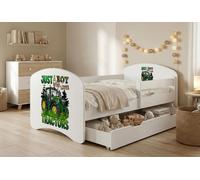 Lit d'enfant Happy Babies avec barrière de sécurité pour garçon, 140 x 70 cm, pour chambre d'enfant, avec tiroir, matelas, lit simple pour enfant, bleu, tracteur