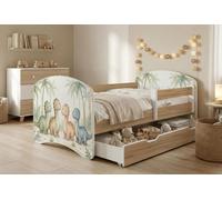 Lit d'enfant Happy Babies avec barrière de sécurité pour garçon, 140 x 70 cm, pour chambre d'enfant, avec tiroir, matelas pour lit simple d'enfant, doré, autocollants colorés
