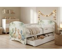 Lit d'enfant Happy Babies avec barrière de sécurité pour garçon, 140 x 70 cm, pour chambre d'enfant, avec tiroir, matelas, lit simple pour enfant, blanc, dinosaures